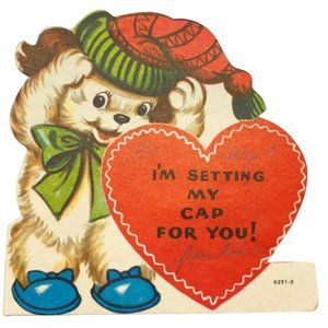 Vintage Valentines Day Greeting Card Puppy Dog with Snow Hat Anthropomorphic 40s